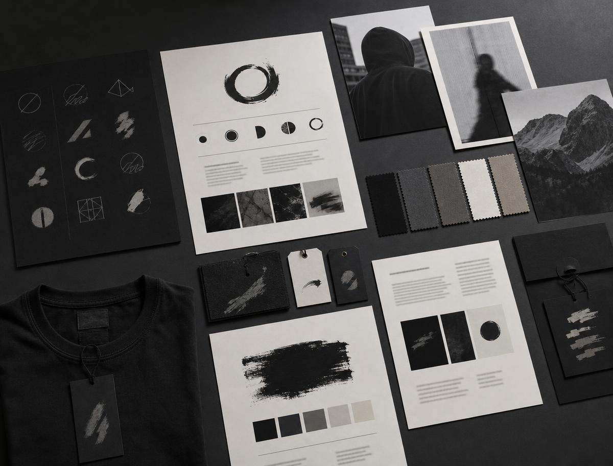 Moodboard with typography specimens and logo concepts laid out on a studio table