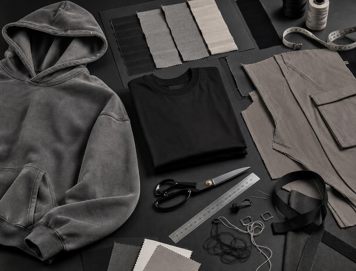 Fabric swatches and a garment sample on an atelier production table