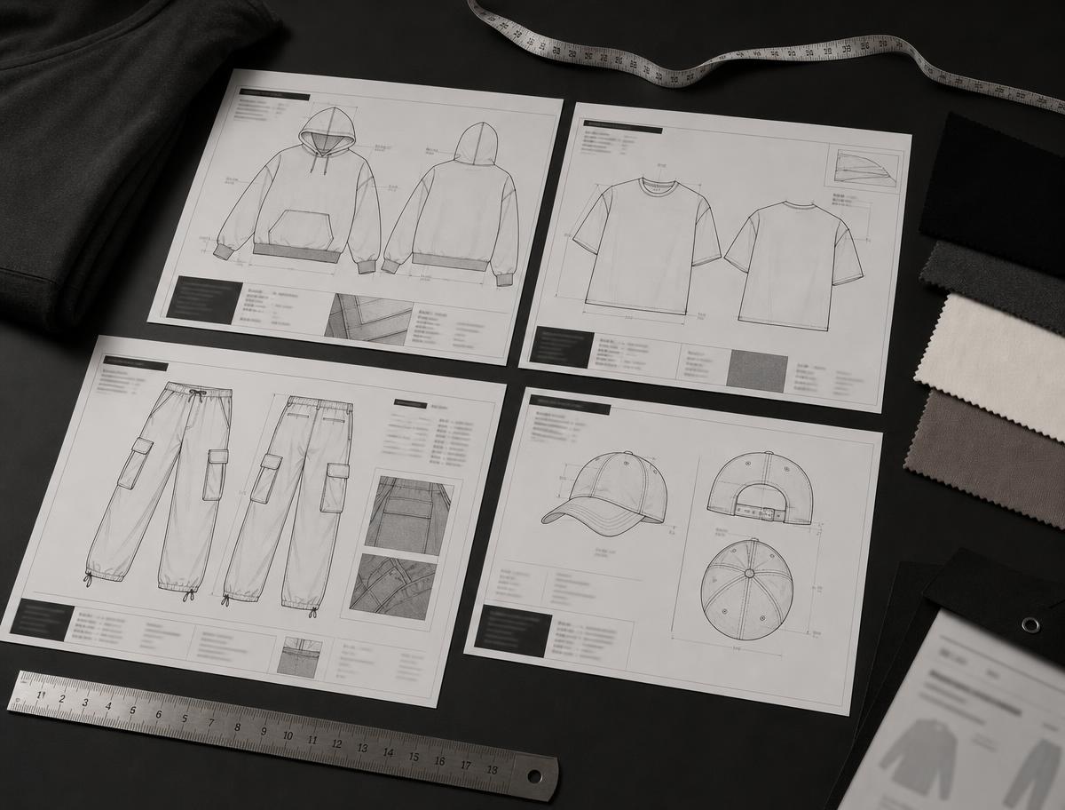 Technical garment sketch and tech pack sheet with measurement annotations