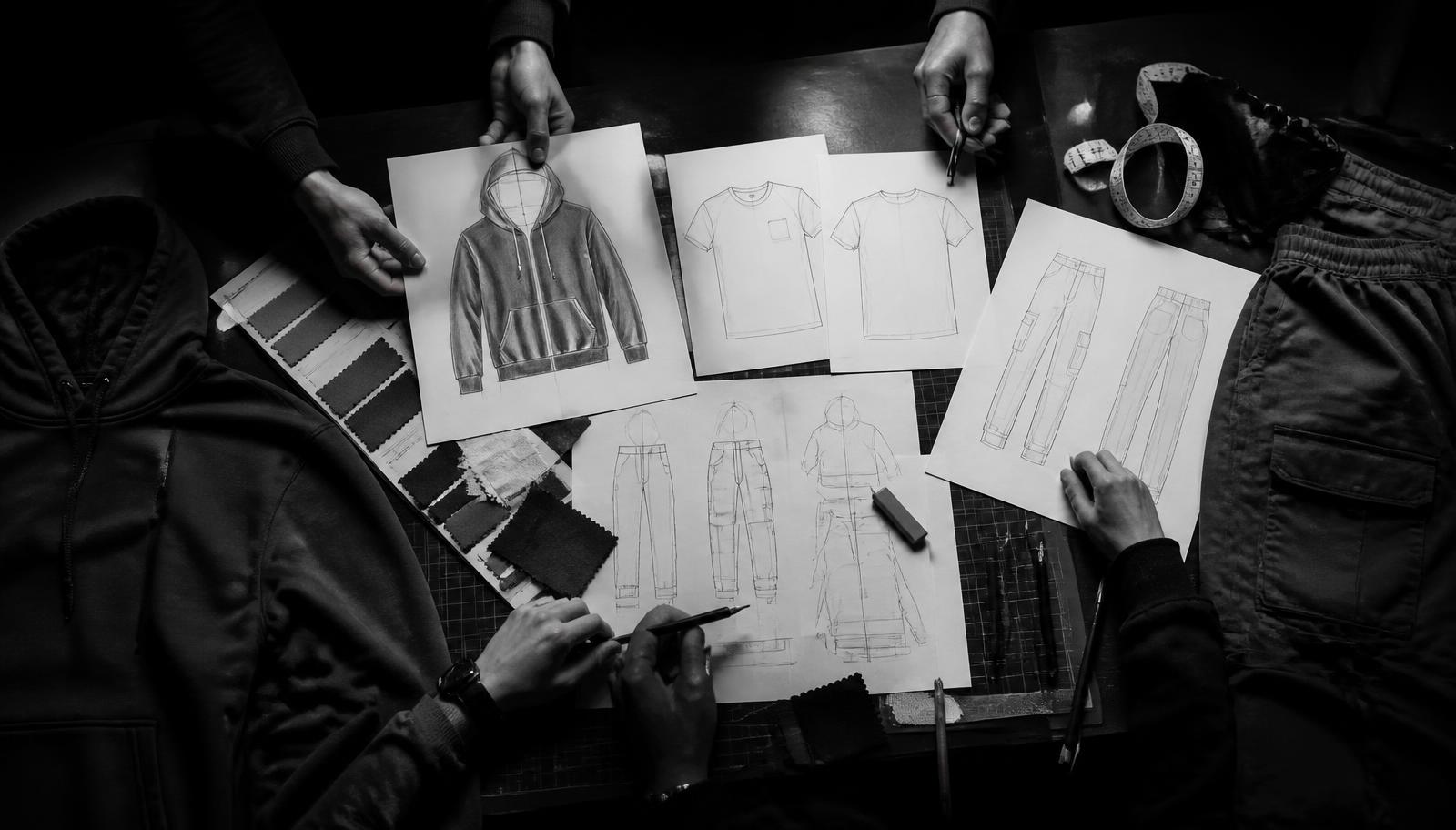 Overhead view of a studio table with hoodie, T-shirt and cargo sketches, fabric swatches and garment samples